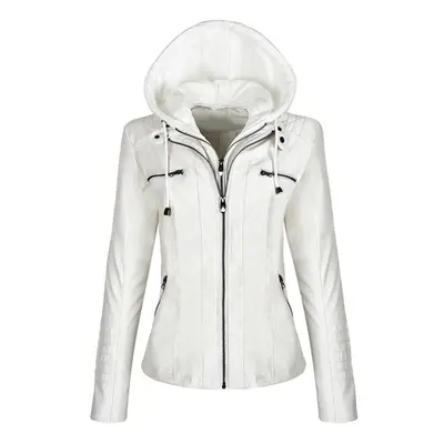 (white, 7XL) All Season Women&apos;s Fashion Bomber Zipper Leather Jacket Hooded Faux Coats Wint