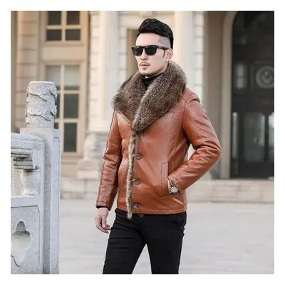 (light brown, L) Genuine Leather Jacket Men&apos;s Raccoon Fur Collar Fur All-in-one Men&apos;s 