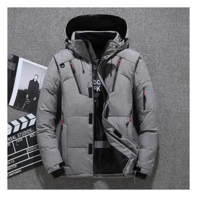 (grey, M) Winter Mens White Duck Down Jacket Warm Hooded Thick Slim Fit Puffer Jacket Coat Male 