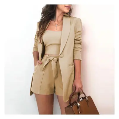 (apricot, L) Tbeeeestt Women Pieces Set Tracksuit Loose Blazer & Bow Elastic Waist Short Pant Ve