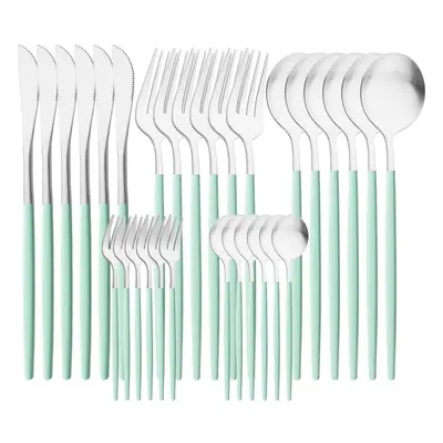 (mint green,silver) 30pcs White Gold Cutlery Set Matte Dinnerware Knife Fork Spoons Stainless St