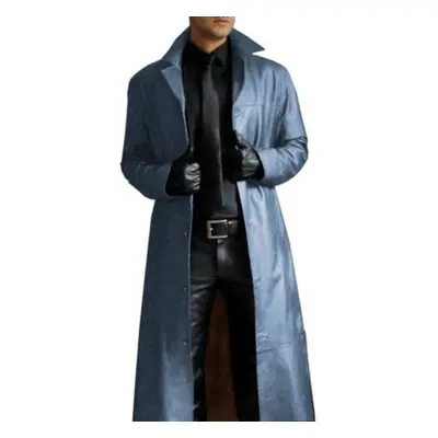 (blue, XXL) God Temperament Solid Color Trench Style Men&apos;s Fashion Slim Long Leather Jacket