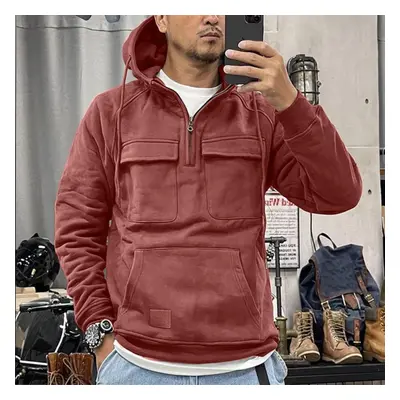 (pink, XXL) Men&apos;s Hooded Solid Color Sweater, European And American Youth Sports Multi Pock