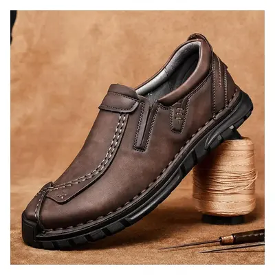 (dark brown, 39) Large Size Men&apos;s Hand-stitched Leather Shoes Outdoor Casual Shoes