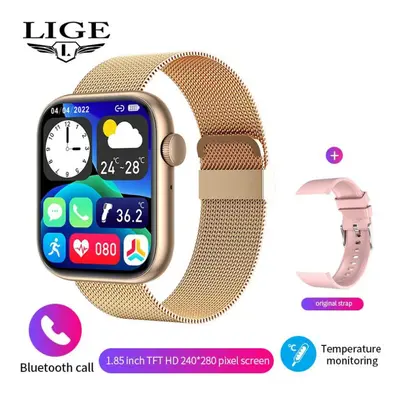 (gold, Milan Net) LIGE Body Temperature Smart Watch Women 1.85 Inch Rotary Keys Sports Bracelet 