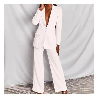 (white, XXXL) Autumn Solid Color Women&apos;s Fashion Temperament Long-sleeved Suit Straight Tro