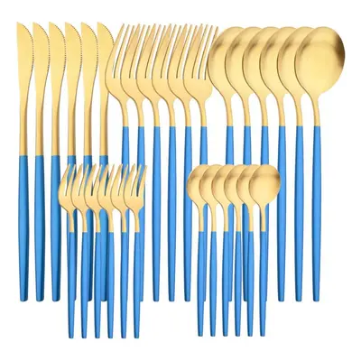 (blue,gold) 6people Matte Gold Dinnerware Set 30pcs/set Dinner Knife Cake Fork Spoon Tableware S