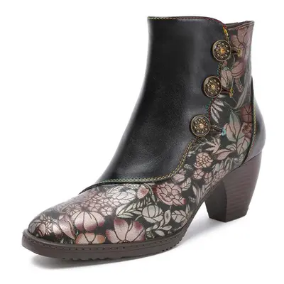 (black, 38) Johnature Vintage Flowers Genuine Leather Fashion Women Boots Round Toe Handmade Con