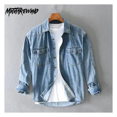 (blue, M) Japanese Style Long Sleeve Blue Denim Shirt Men Spring Autumn Streetwear Trending Men 