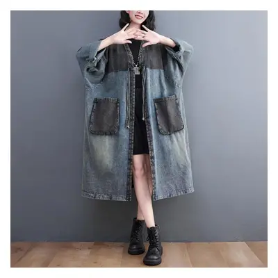 (blue, M) Dimanaf New Women Jacket Denim Coat Cotton Loose Outwear Autumn Winter Blue Long Vinta