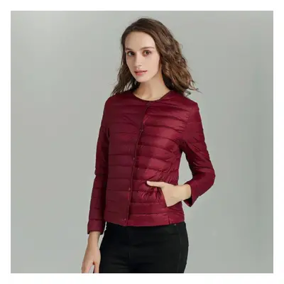 (burgundy, M) Women Autumn Winter Lightweight White Down Jacket Liner O Neck Slim Long Sleeve Bu