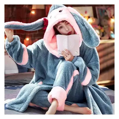 (blue, M) Winter Flannel Pajamas Set For Women Animal Thick Warm Cute Long Sleeves Sleepwear Loo