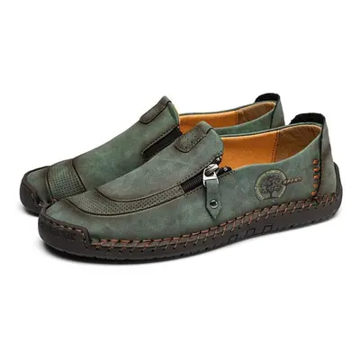 (green, 38) Large Size Handmade Split Leather Shoes Men Loafers Comfortable Casual Driving Shoes