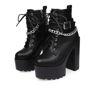 (black, 39) Gothic Buckle Strap Ankle Boots Women Faux Leather Platform Block Chunky Heels Chain