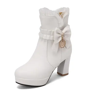 (white, 42) Women Ankle Boots Round Toe Chunky High Heels Metal Decoration Zipper Platform Bow S