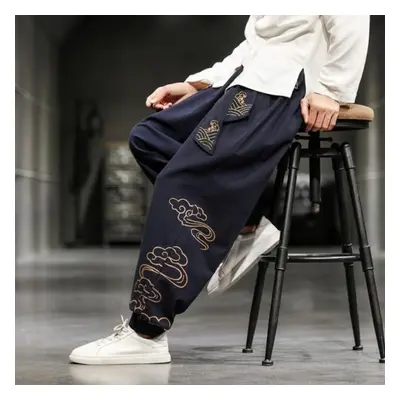 (navy blue, XXL) Chinese Style Retro Auspicious Clouds Print Pants Men Clothing Autumn Fashion C