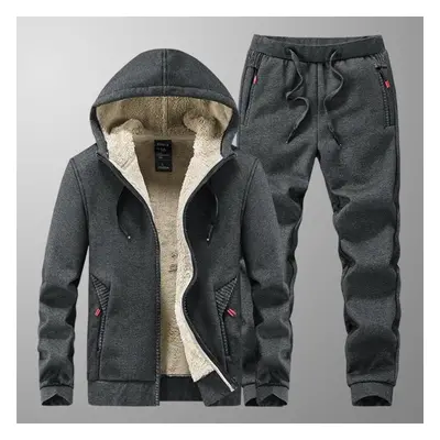 (grey, 4XL) Men Winter Fleece Sets Thick Hoodies+pants Suit Hooded Sweatshirt Tracksuits