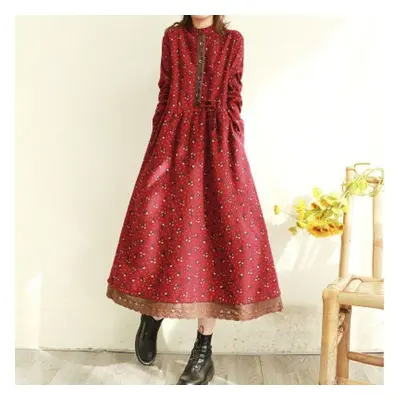 (red, M) Cotton Linen Print Dress For Women Japanese Mori Girl Art Floral Dress Loose Long Sleev