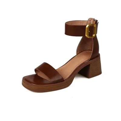 (brown, 38) Taoffen Brand Genuine Cow Leather Sandals Block Mid Heels Women Roma Sandals Open To