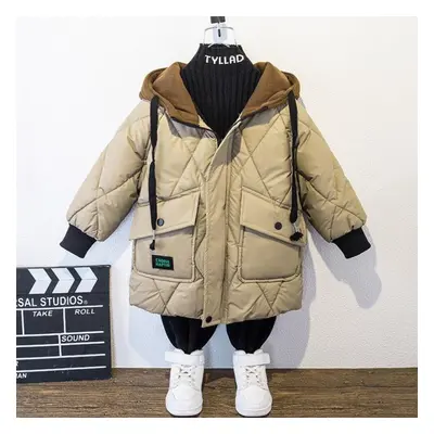 (khaki, 170cm) New Boys&apos; Down Jacket Medium And Large Children&apos;s Thickened Cotton-padd