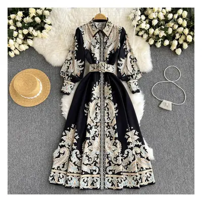 (black, XL) Spring And Autumn Women&apos;s Dress Court Style Retro Printing Temperament Polo Col