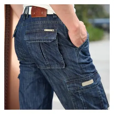 (dark blue, 40) Mens Jeans Casual Military Multi-pocket Jeans Men Fashion Jeans Large