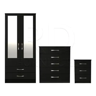 Ready assembled Pcs Classic Door Drawer Mirrored Wardrobe, Chest And Bedside Set Black