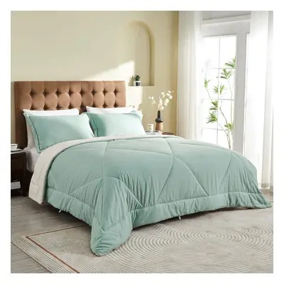 (King/230x220cm, Mint Green & Beige) 4.5 Tog Down Alternative Comforter Set with Shams, Reversib