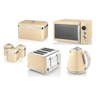 SWAN Retro Cream Kettle Toaster Microwave Bread Bin & Canisters Set