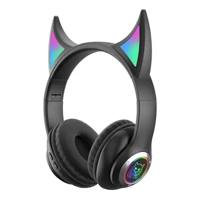 (Black) Devil's Horn Headset Wireless BT5.0 Hi-Fi Stereo Sound IPX5 Noise-Canceling Colorful RGB