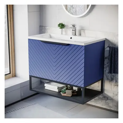 Nes Home 800mm Wall Hung Blue Drawers Basin Vanity Black Frame & Handle