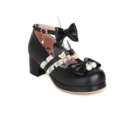 (black, 45) Women Shoes Plus Size Lace Bow Buckle Cute Lolita Girls Shoes Cartoon Bear Pearl Mar