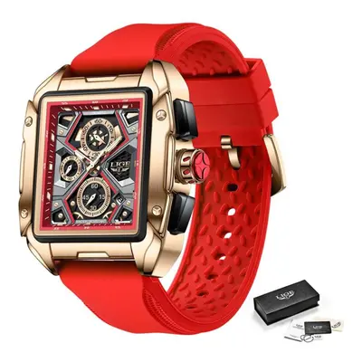 (red) Lige Fashion Men&apos;s Watch Top Brand Creative Quartz Watch Sports Waterproof Chronograp