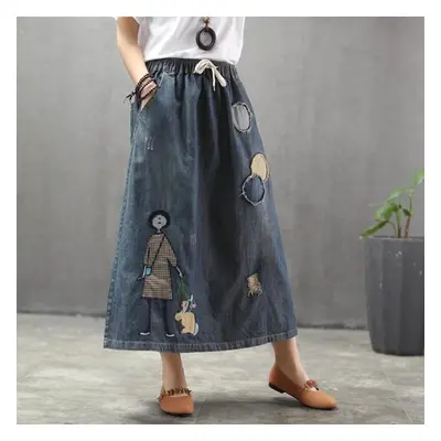 (dark blue, XL) Plus Size Cartoon Embroidery Denim Skirts Women Vintage Art Ripped Oversized Fem