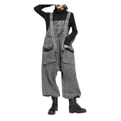 (grey, One Size) Large Size Loose Overalls Jumpsuit For Women Spring Overalls High Waist Denim O