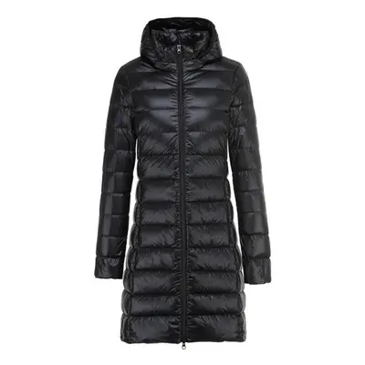 (black, XXXXXL) Women Winter Long Puffer Coat Detachable Hood Lightweight Coat Invisible Zipper 