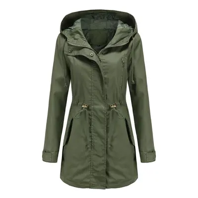 (army green, 3XL) Women's Trench Coat Cotton Solid Color Hooded Zipper Windproof Long Jacket Dra