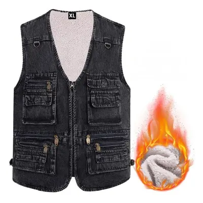 (black, 4XL) Denim Men&apos;s Vest Autumn And Winter Large Size Casual Plus Velvet Waistcoat War