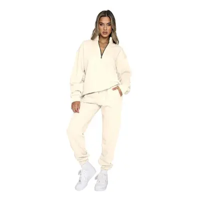 (apricot, L) Autumn Winter Sweatsuit Solid Zip Stand Neck Pullover Long Sleeve Two-piece Pants S