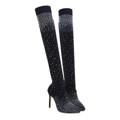 (black, 39) Ielgy Stockings Boots High Heels Rhinestone Pointed Over The Knee Women&apos;s Boots