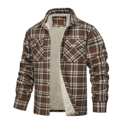 (khaki, 2XL) Men Fall Winter Jacket Plaid Print Lapel Soft Plush Pockets Single-breasted Loose T