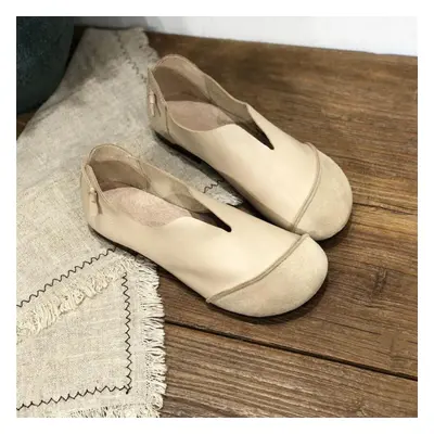 (beige, 38) Johnature Retro Genuine Leather Women Soft Sole Flats Shoes Handmade Casual Shallow 