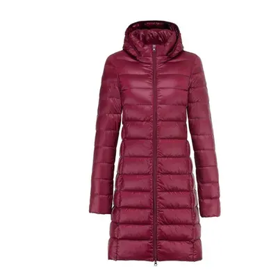 (wine red, XXXXL) Women Winter Long Puffer Coat Detachable Hood Lightweight Coat Invisible Zippe