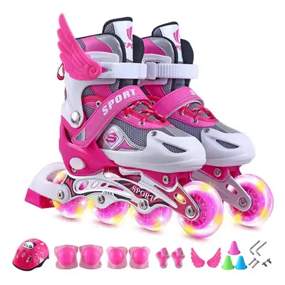 (M, Pink) Roller Skates Girls Kids, Adjustable Inline Roller Skates Quad Rollerskates with Light