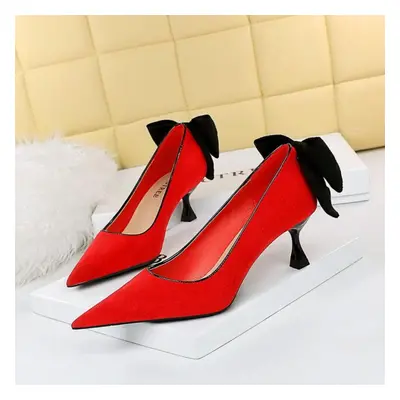 (red, 35) Fashionable Sweet Medium Heel Women&apos;s Shoes Thin Heel Shallow Mouth Pointed Fleec