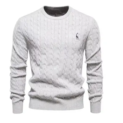 (light grey, 55-65 kg) Aiopeson Mens Giraffe Embroidery Cotton Sweaters Round Neck Classic Twist