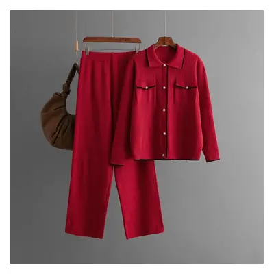 (red, One Size) Fall Winter Lazy Wind Loose Polo Collar Pullover Sweater Suit Women&apos;s Solid