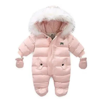 (pink, 80CM) Thick Warm Infant Baby Jumpsuit Hooded Inside Fleece Boy Girl Winter Autumn Overall