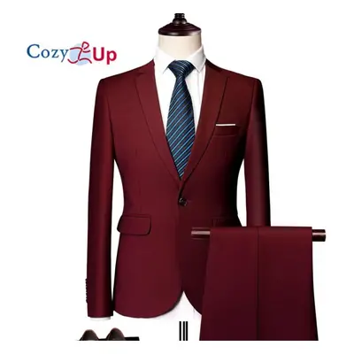 (burgundy, 3XL) Cozy Up Men Solid Color Long Sleeve Lapel Slim Button Men Fashion Business Suit 