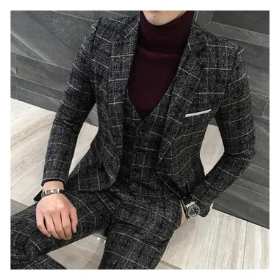 (blue, L) ( Jackets + Vest + Pants ) Groom Wedding Dress Plaid Formal Suits Set Men Fashion Bout